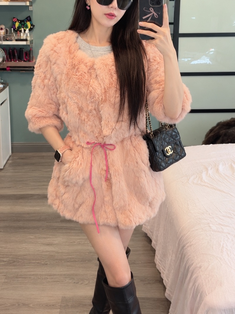 Vintage Peach Pink Genuine Rabbit Fur Coat Cinched Waist 3/4 Sleeve Y2K XS S